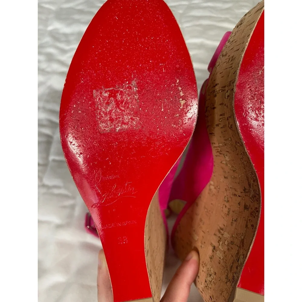 Christian Louboutin Pink Suede Cork Platform Wedge Sandals Size 38 Red Bottoms